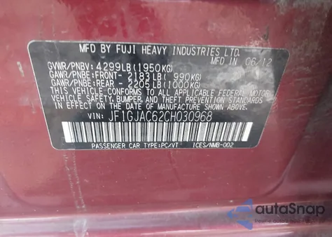 2012 Subaru Impreza 2.0I Premium z USA, uszkodzony, nr VIN JF1GJAC62CH030968